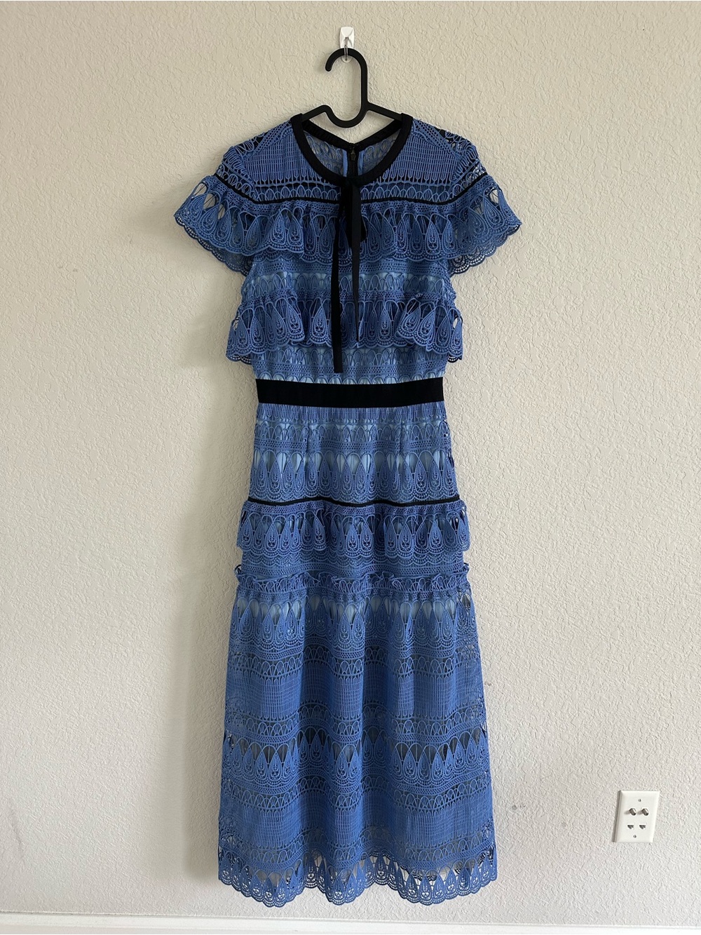 Self-Portrait Blue Lace Tiered Maxi Dress with Black Trim